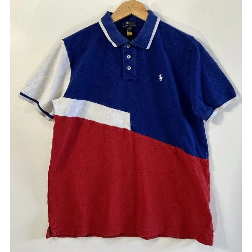 Boys Polo Ralph Lauren Red Multi Colorblock Short Sleeve Polo Shirt XL 18-20